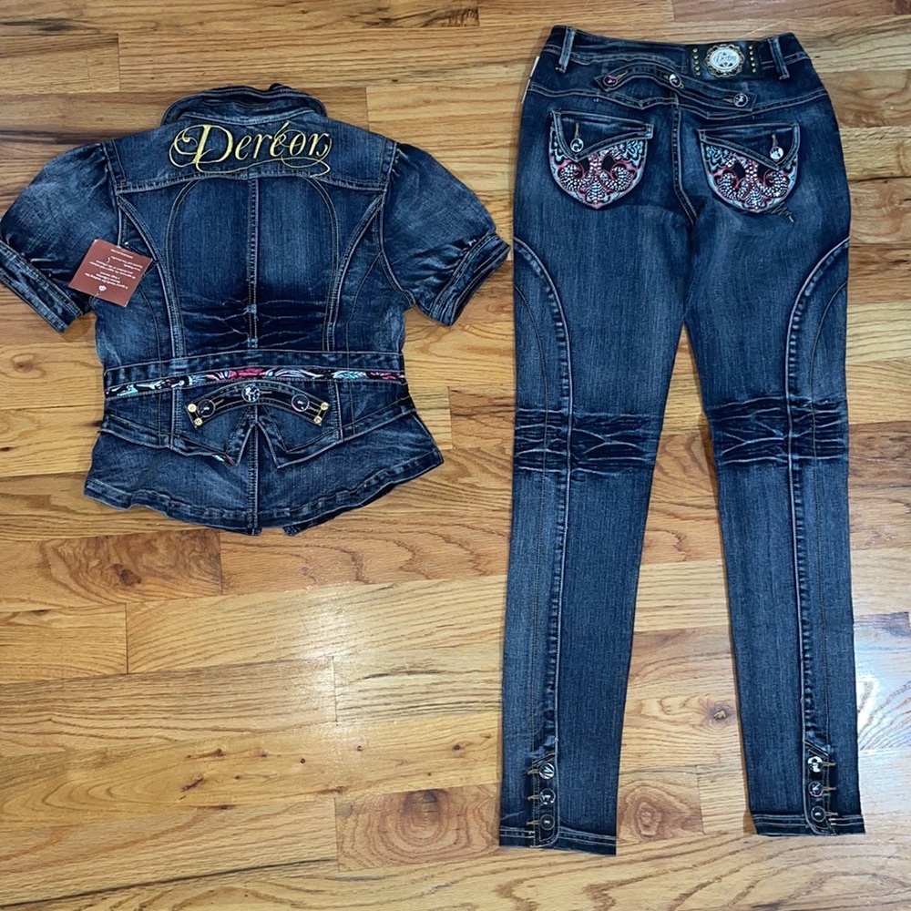 NEW Dereon Beyonce 00's Y2K 2 piece denim suit Jeans Jacket set  outfit M 4